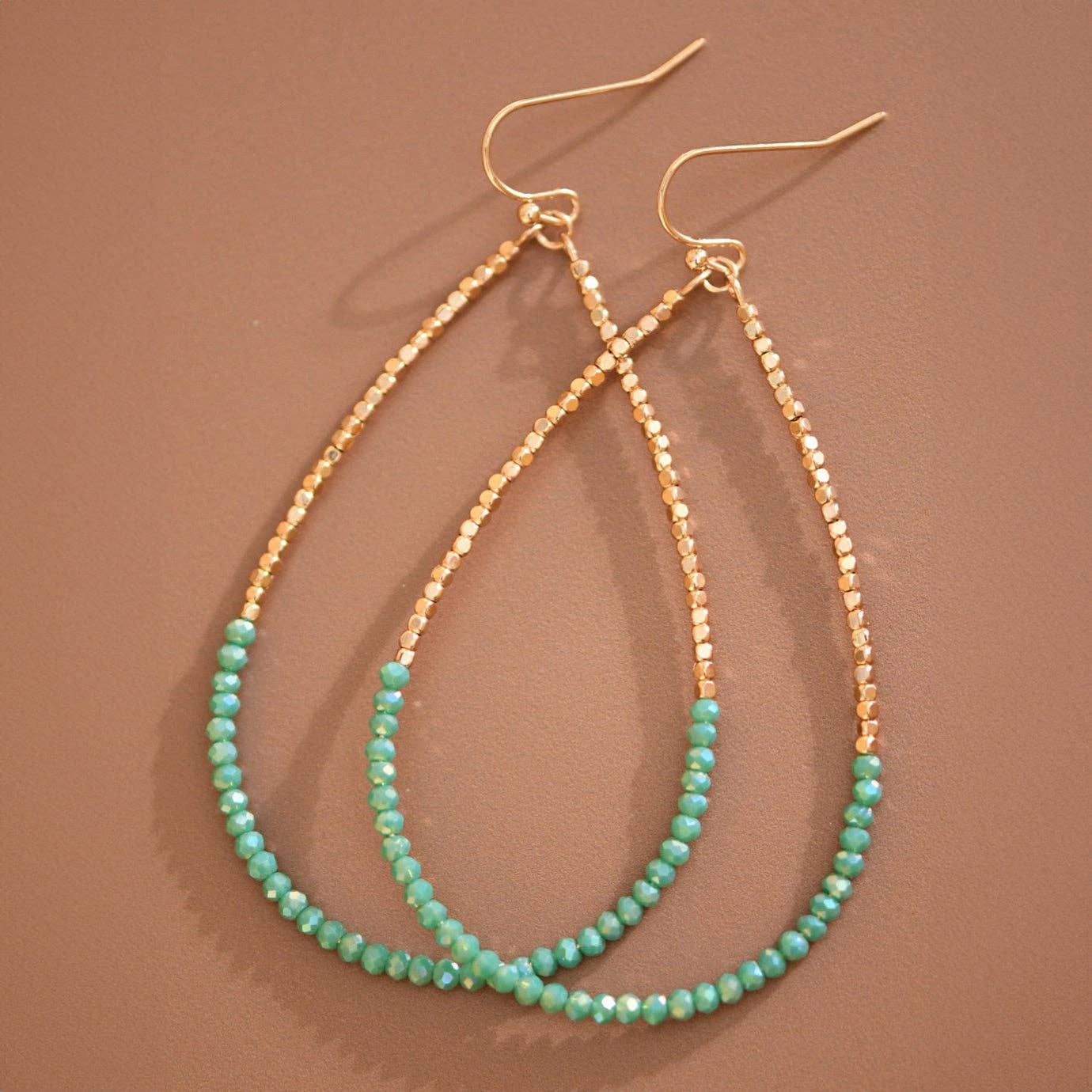 Gold Beaded Hollow Drop Earrings with Glass Beads - 6112