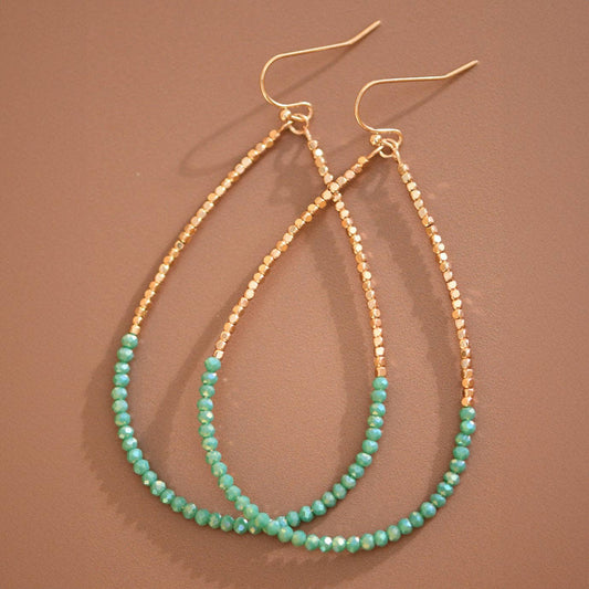 Gold Beaded Hollow Drop Earrings with Glass Beads - 6112