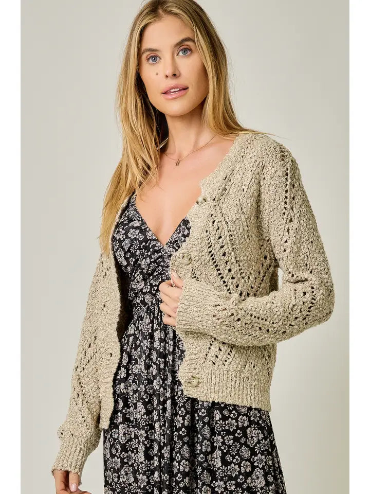 Mystree Sand Crochet Knit Cardigan