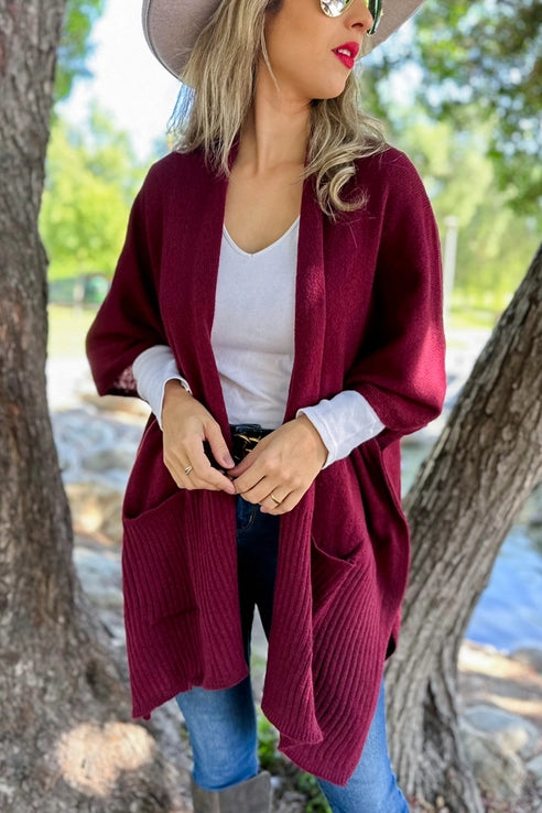 Burgundy Pocket Detail Knit Kimono Cardigan