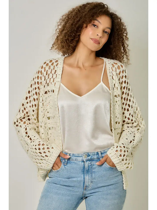 Mystree Floral Weave Crochet Cardigan - Ivory