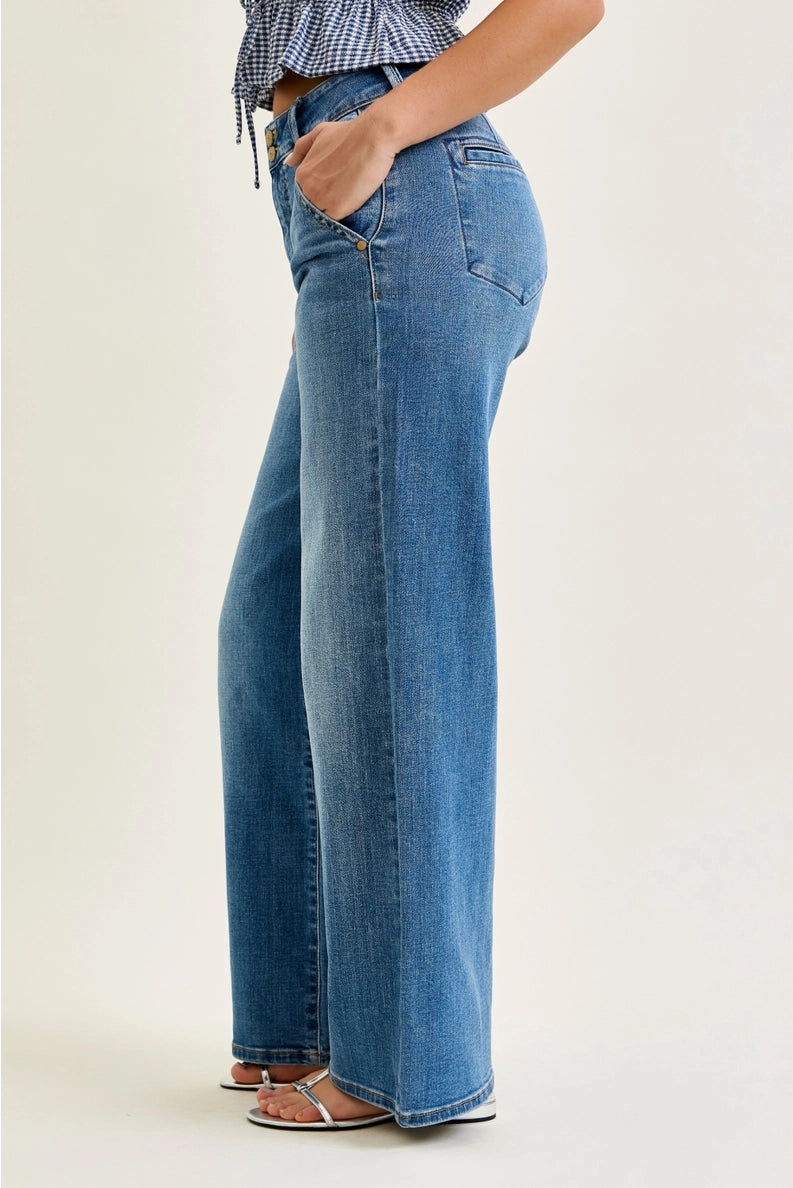 Judy Blue High Rise Straight Med Wash Trouser Jean - Short Inseam