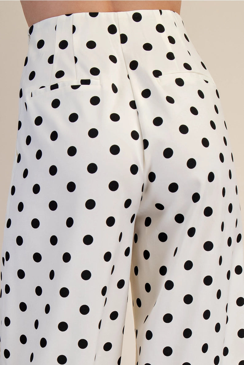 Glam Pleated High-Waisted Wide Leg Polka Dot Pants – Cream & Black