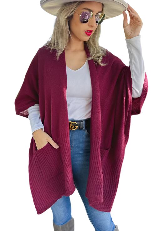 Burgundy Pocket Detail Knit Kimono Cardigan