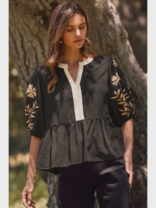 Oddi Puff Sleeve Peplum Blouse [Black] – Fall & Winter Chic Tops for Women