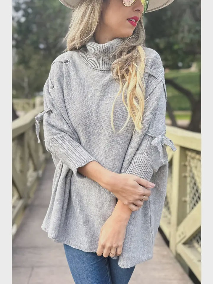 Grey Lace-Up Sleeve Turtleneck Knitted Poncho Top