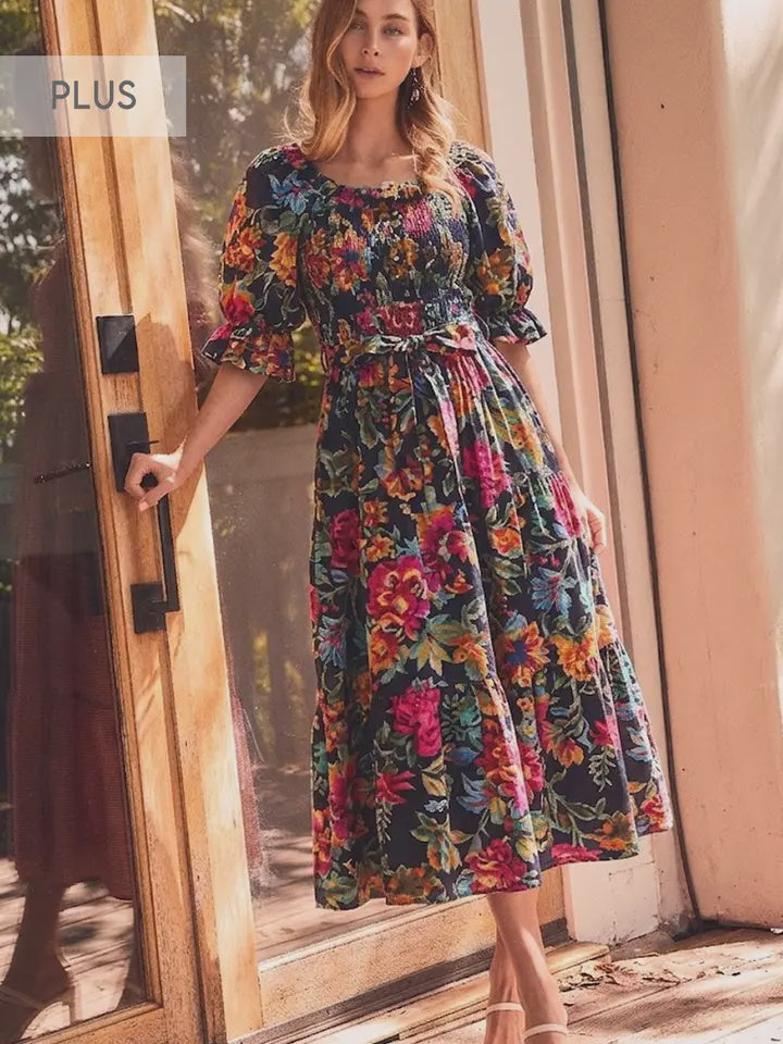 PLUS Oddi Navy Floral Smocked Waist Midi Dress