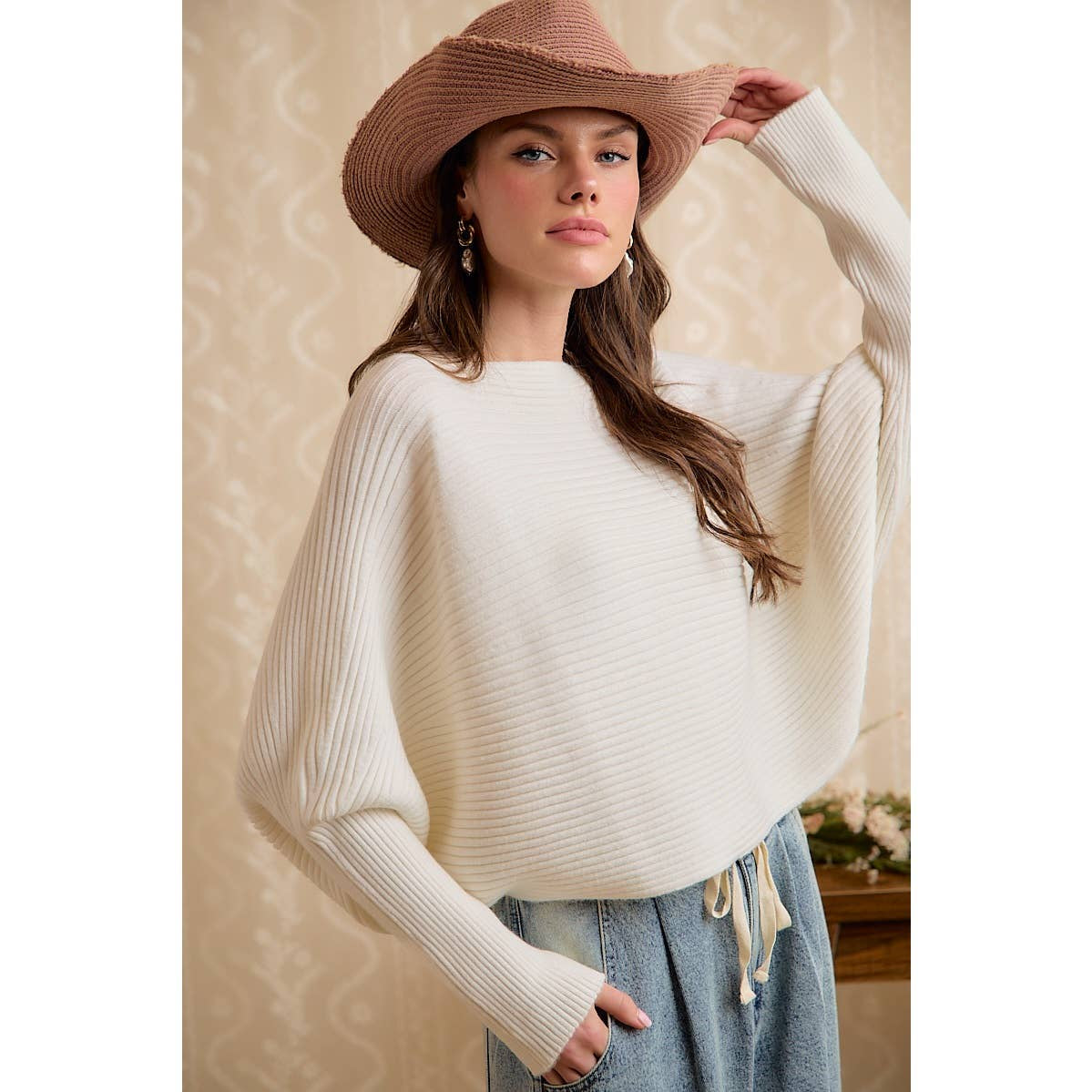 BiBi Ivory Ribbed Off Shoulder Poncho Sweater Top