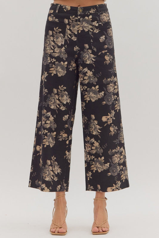 Entro Floral Print MR Ankle Pants with Patch Pockets – Black Mix