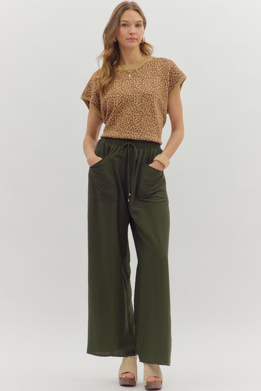 Entro Olive Escape High-Waist Wide-Leg Pants