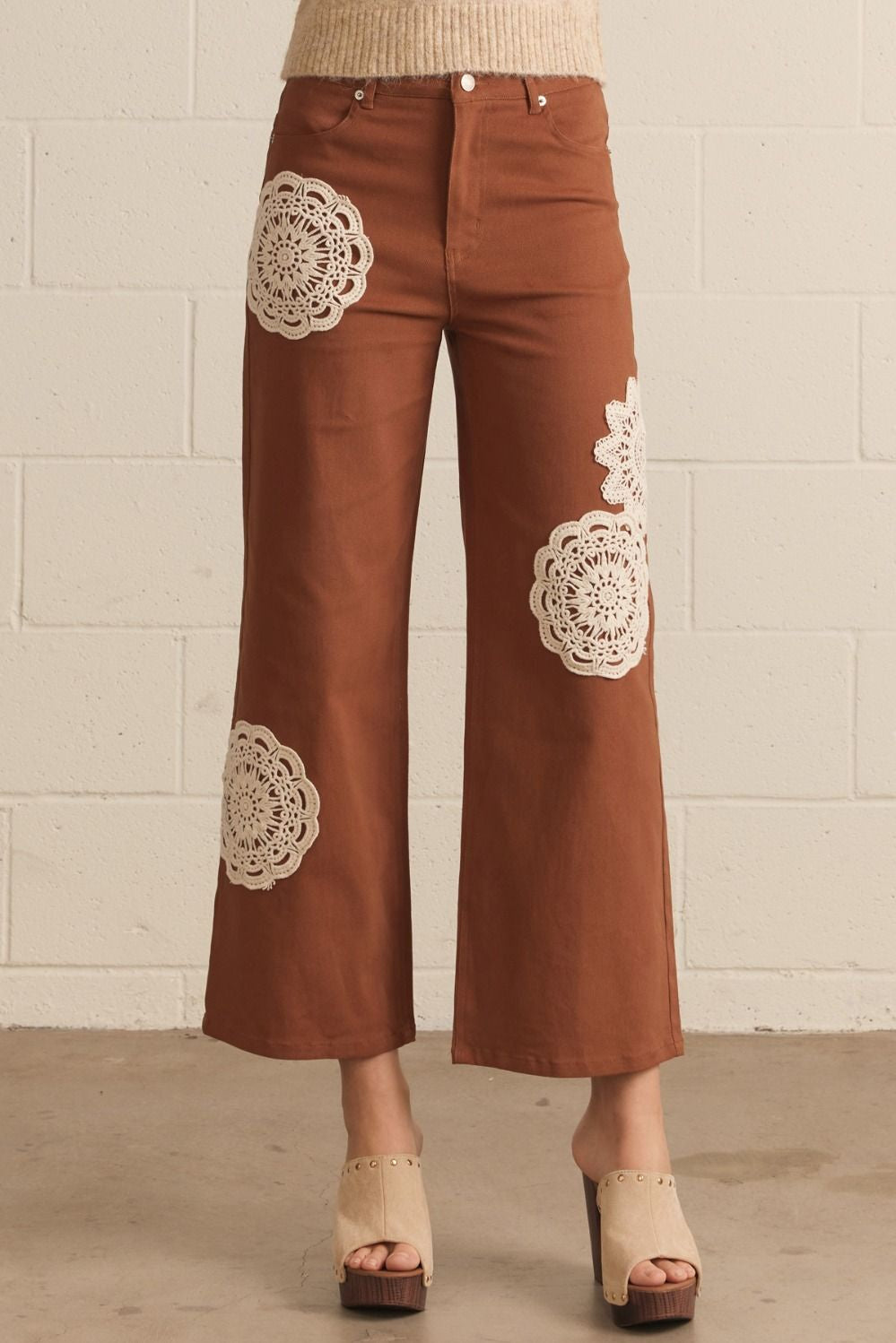 Entro Brown Wide-Leg Pants with Cream Floral Lace Appliqué