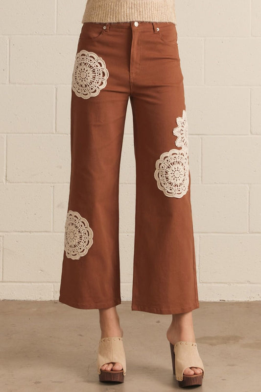 Entro Brown Wide-Leg Pants with Cream Floral Lace Appliqué