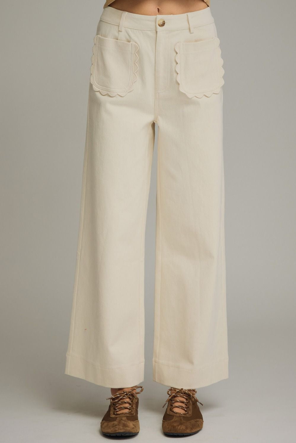 Entro Ecru Wide Leg Pants with Scallop Trim | Women's Cotton Blend Pants
