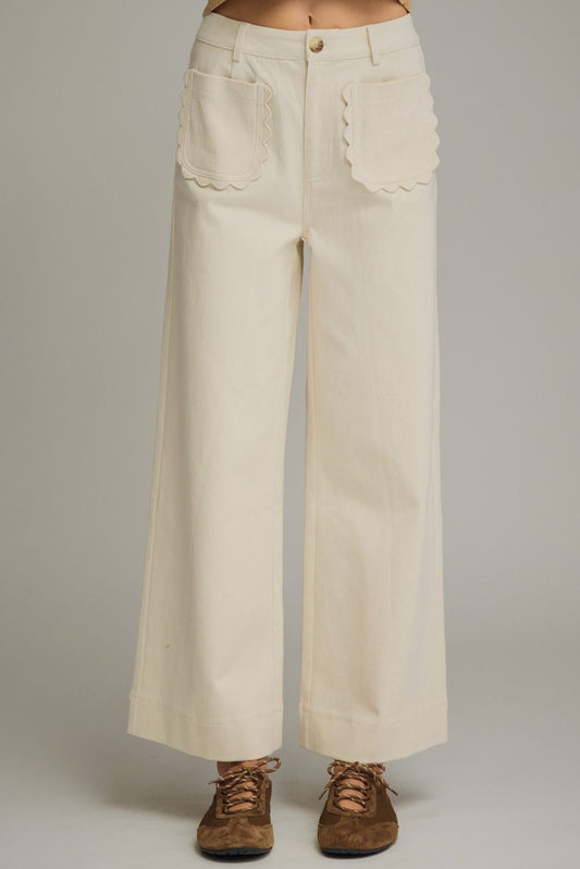 Entro Ecru Wide Leg Pants with Scallop Trim | Women's Cotton Blend Pants