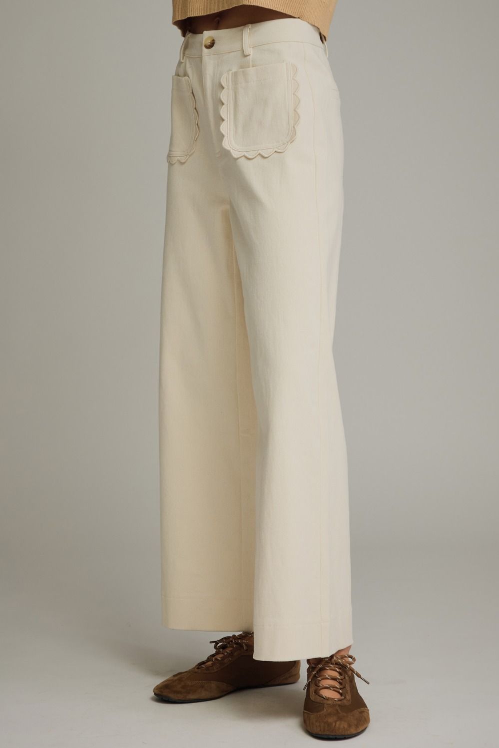 Entro Ecru Wide Leg Pants with Scallop Trim | Women's Cotton Blend Pants