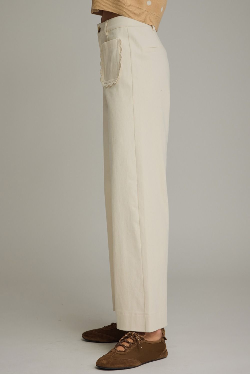 Entro Ecru Wide Leg Pants with Scallop Trim | Women's Cotton Blend Pants