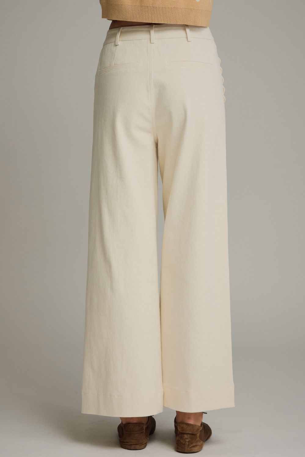 Entro Ecru Wide Leg Pants with Scallop Trim | Women's Cotton Blend Pants