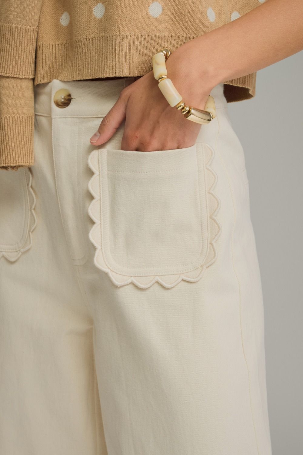 Entro Ecru Wide Leg Pants with Scallop Trim | Women's Cotton Blend Pants
