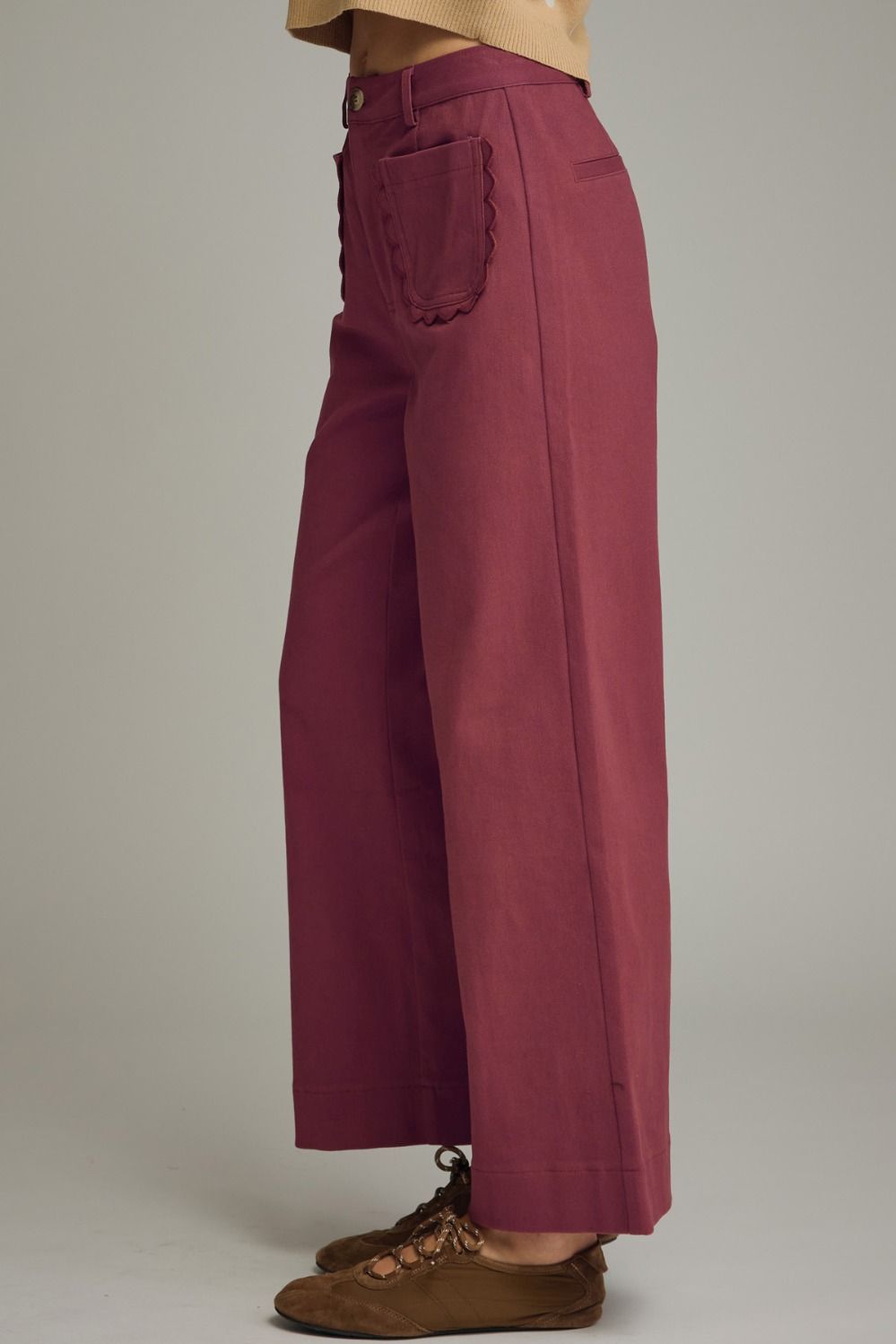 Entro Burgundy Wide Leg Pants with Scallop Trim | Women's Boutique Pants