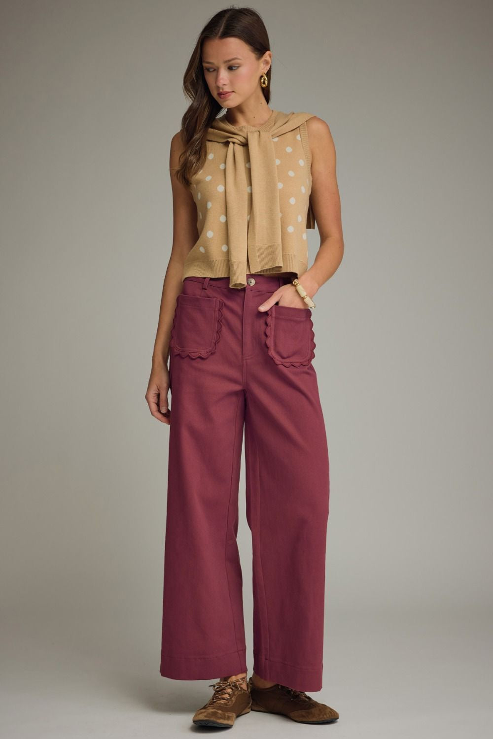 Entro Burgundy Wide Leg Pants with Scallop Trim | Women's Boutique Pants