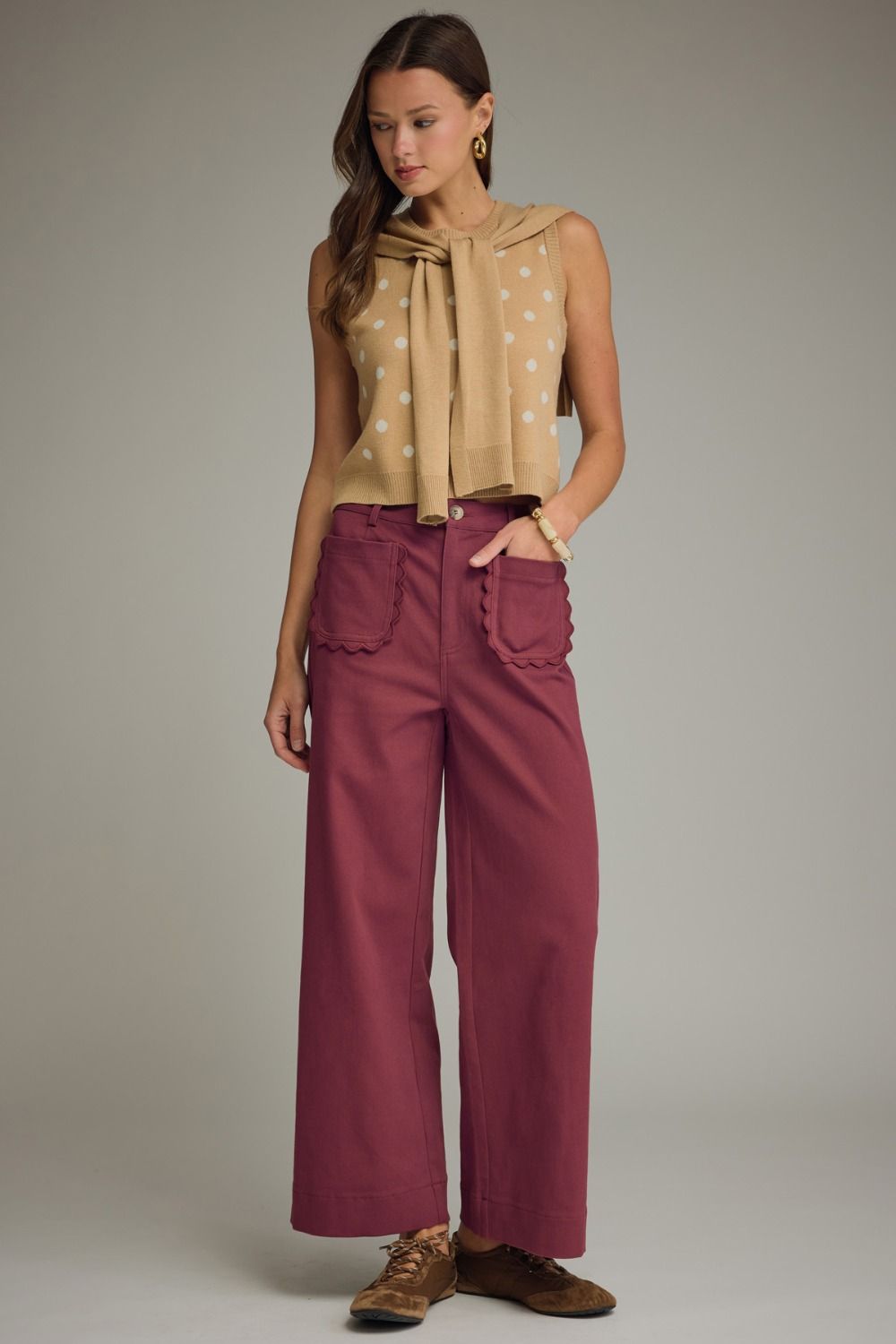 Entro Burgundy Wide Leg Pants with Scallop Trim | Women's Boutique Pants
