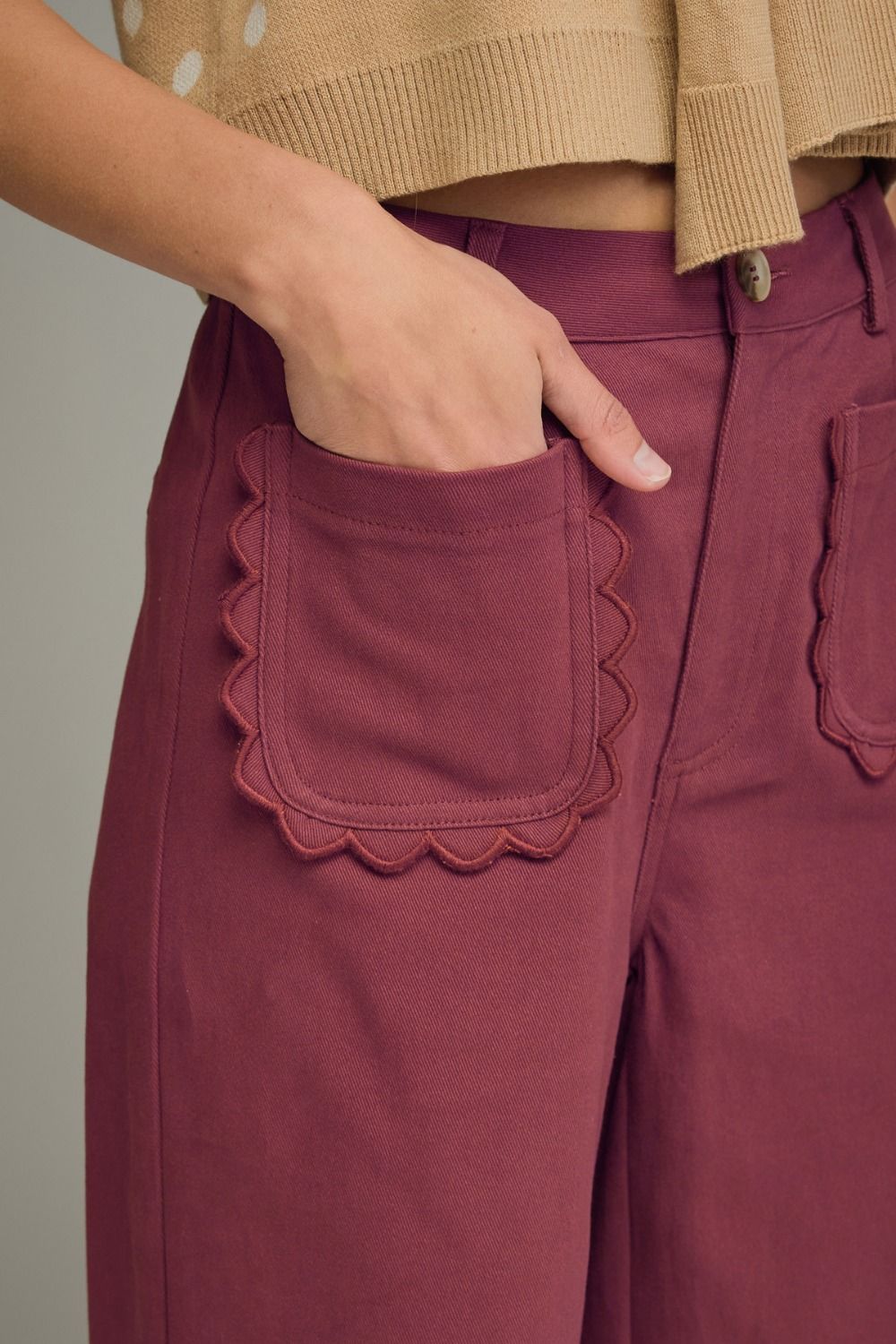 Entro Burgundy Wide Leg Pants with Scallop Trim | Women's Boutique Pants