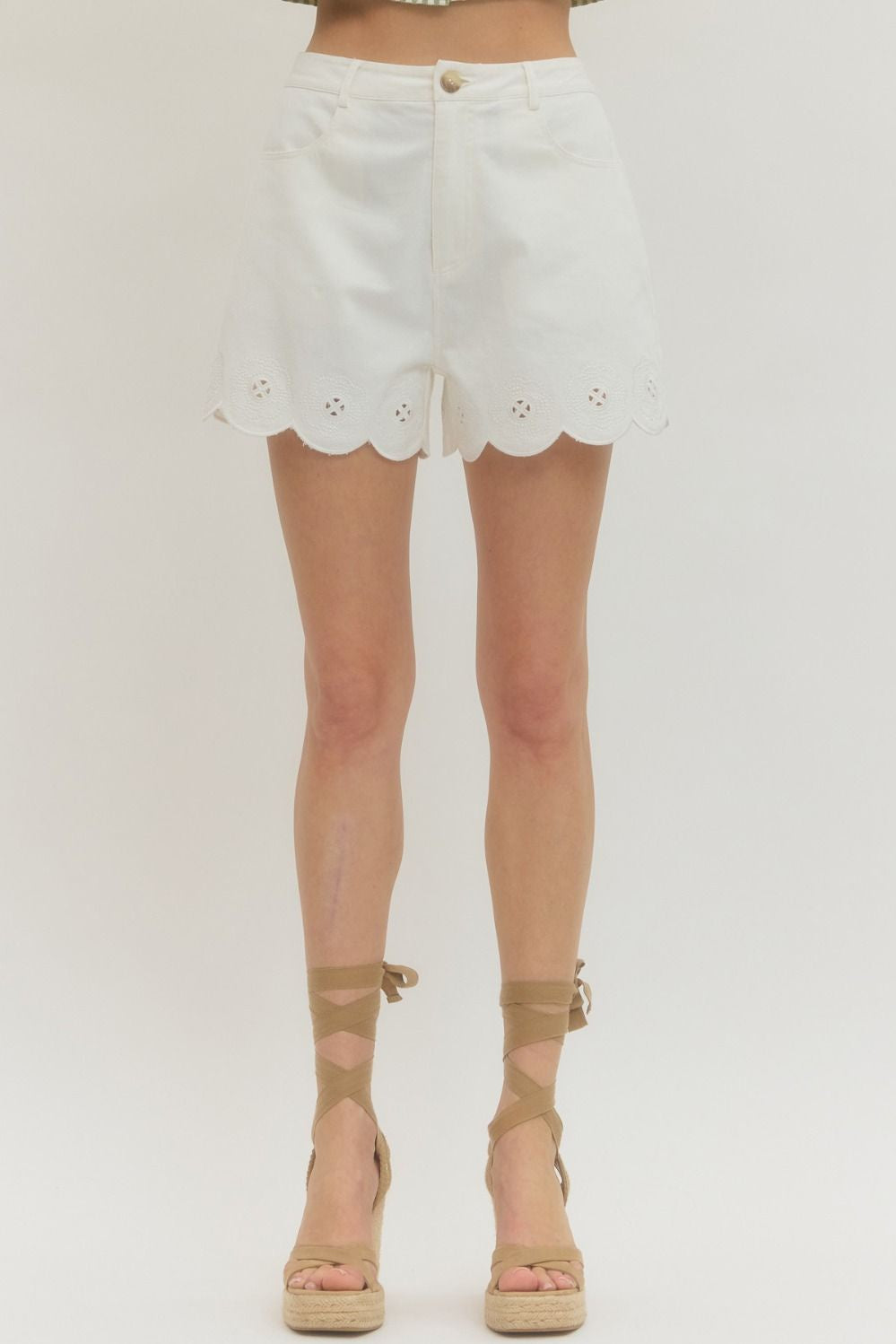 Entro White Scallop Hem Eyelet Shorts