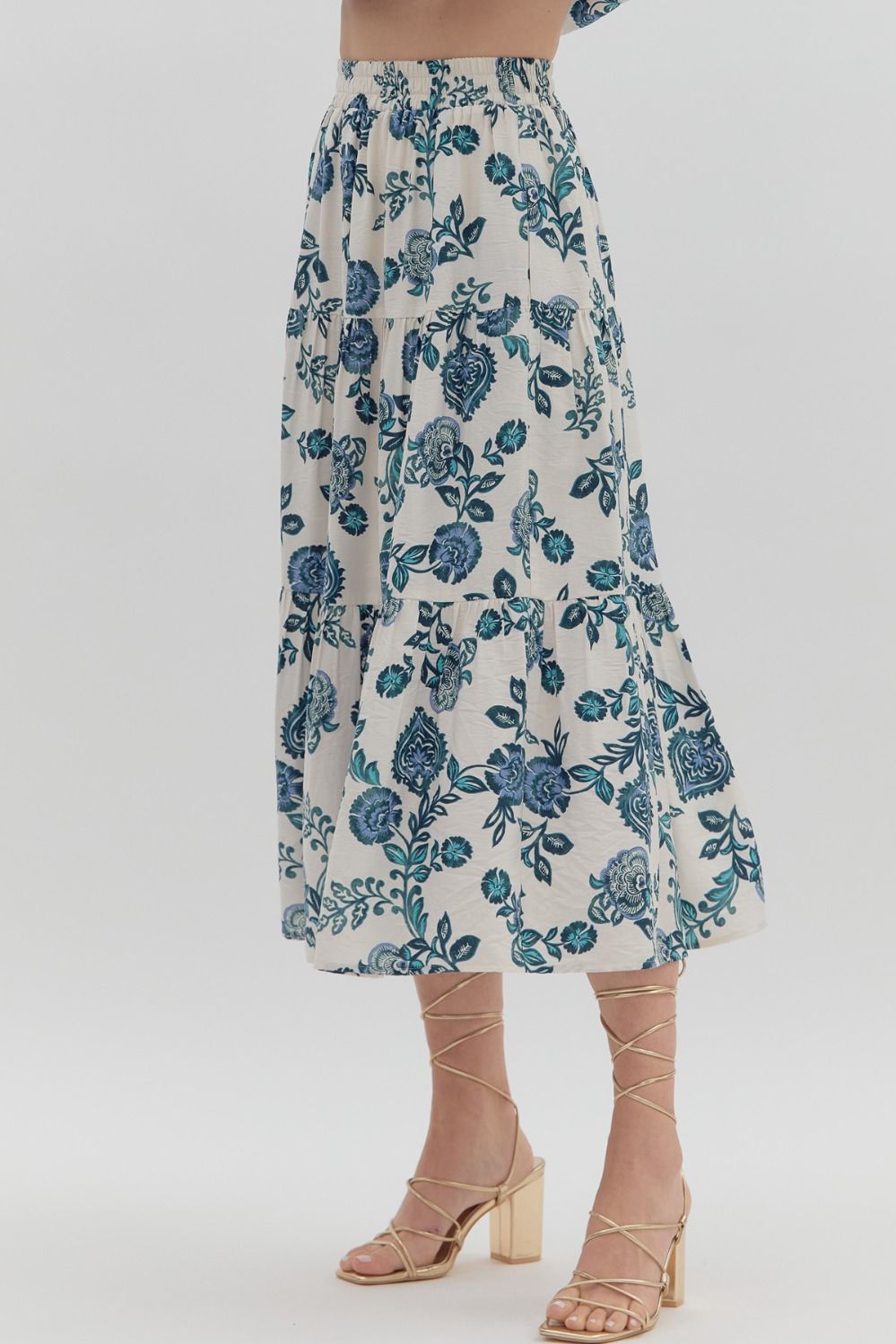 Entro Floral Print Tiered Pull-On Midi Skirt - Blue