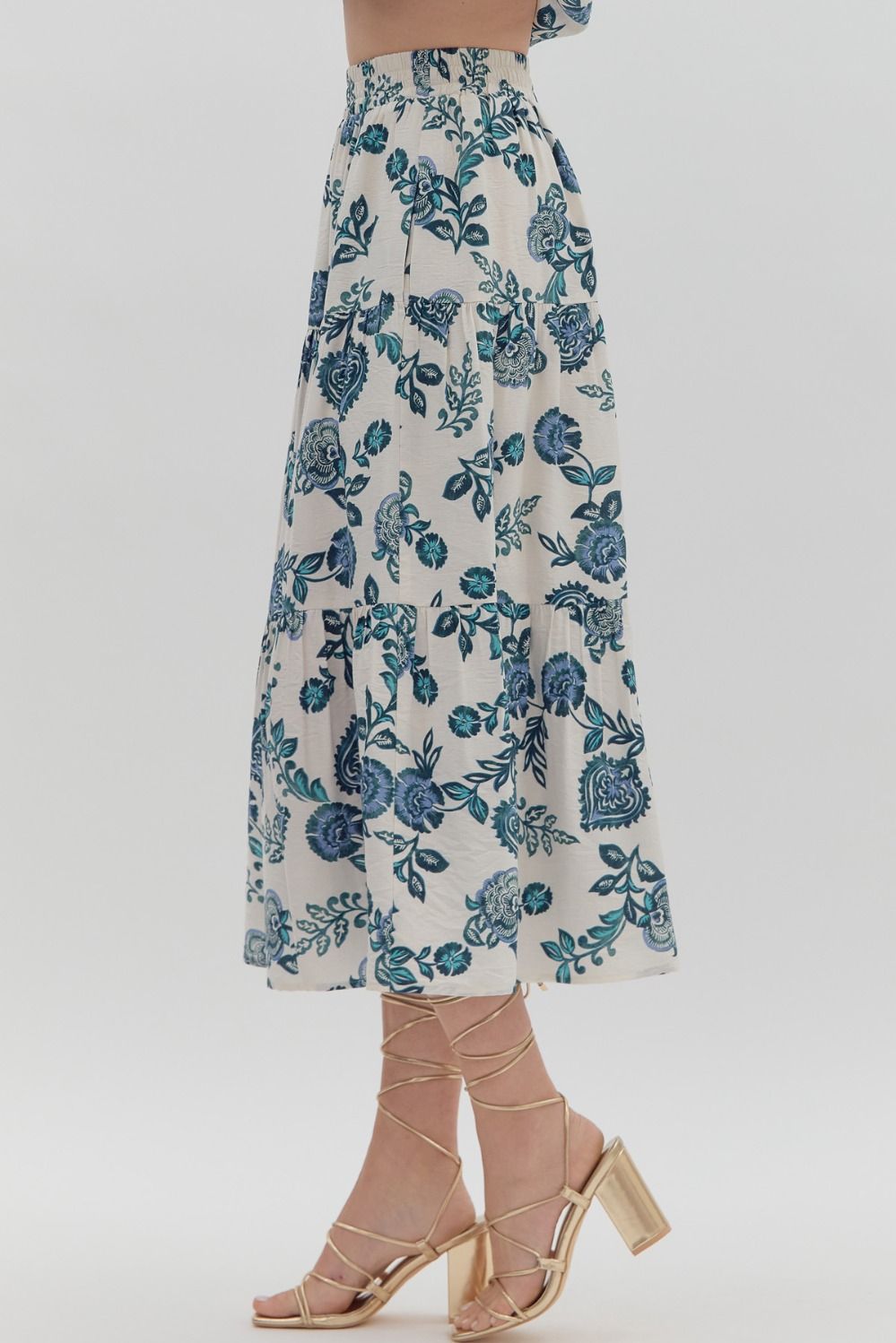 Entro Floral Print Tiered Pull-On Midi Skirt - Blue