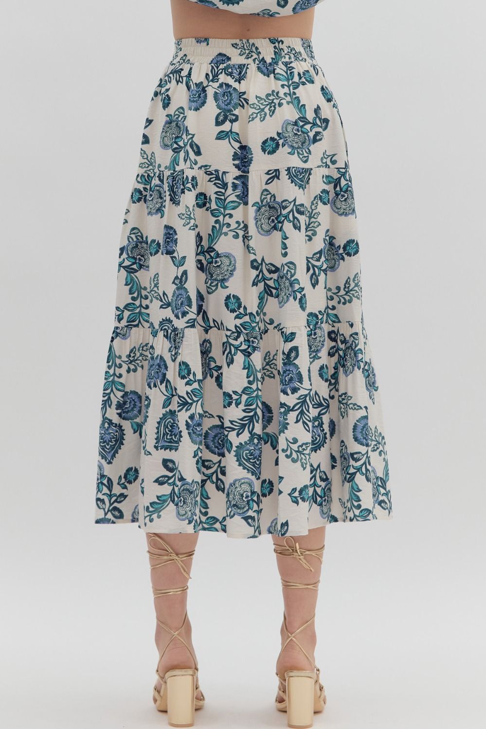 Entro Floral Print Tiered Pull-On Midi Skirt - Blue