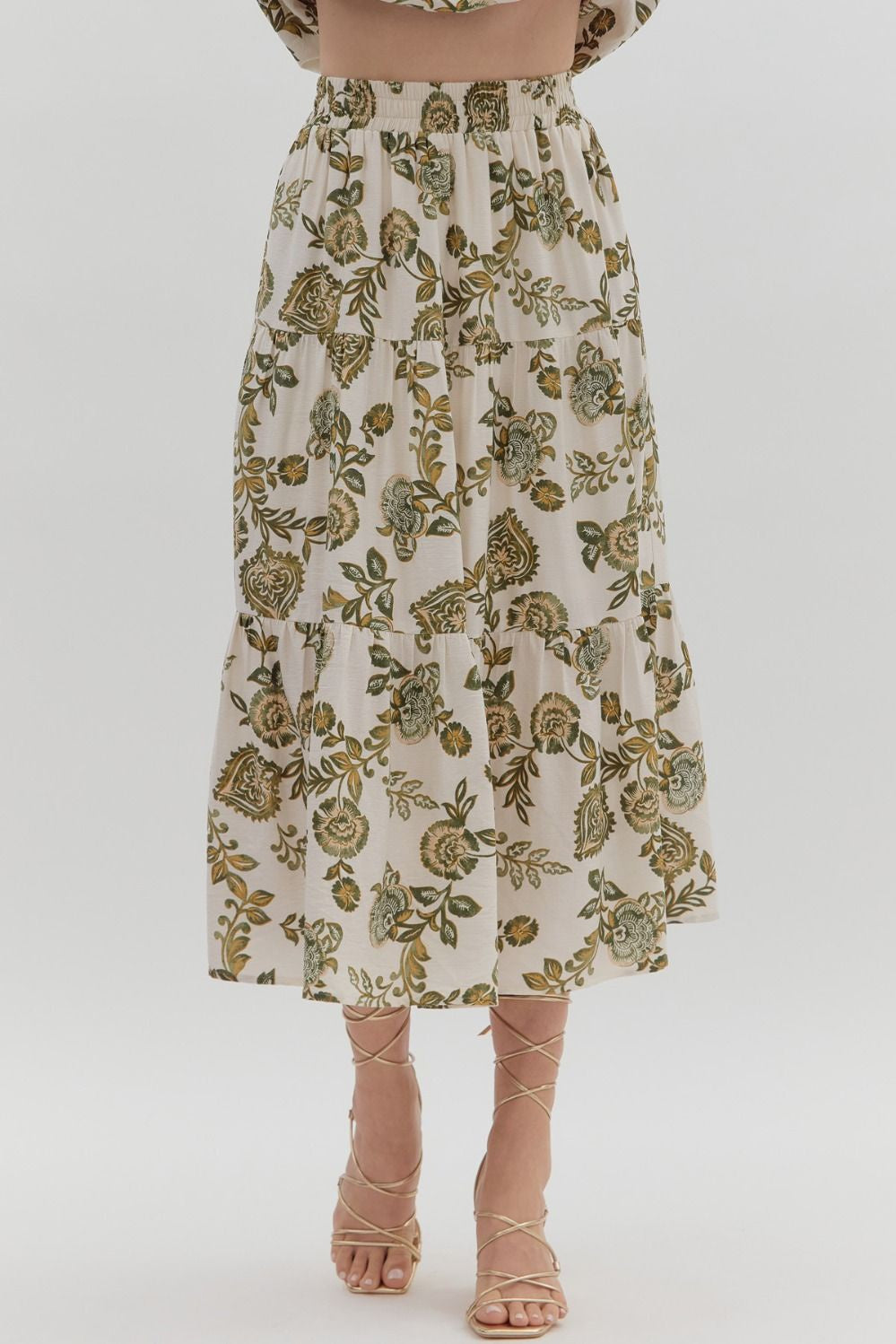 Entro Floral Print Tiered Pull-On Midi Skirt - Green