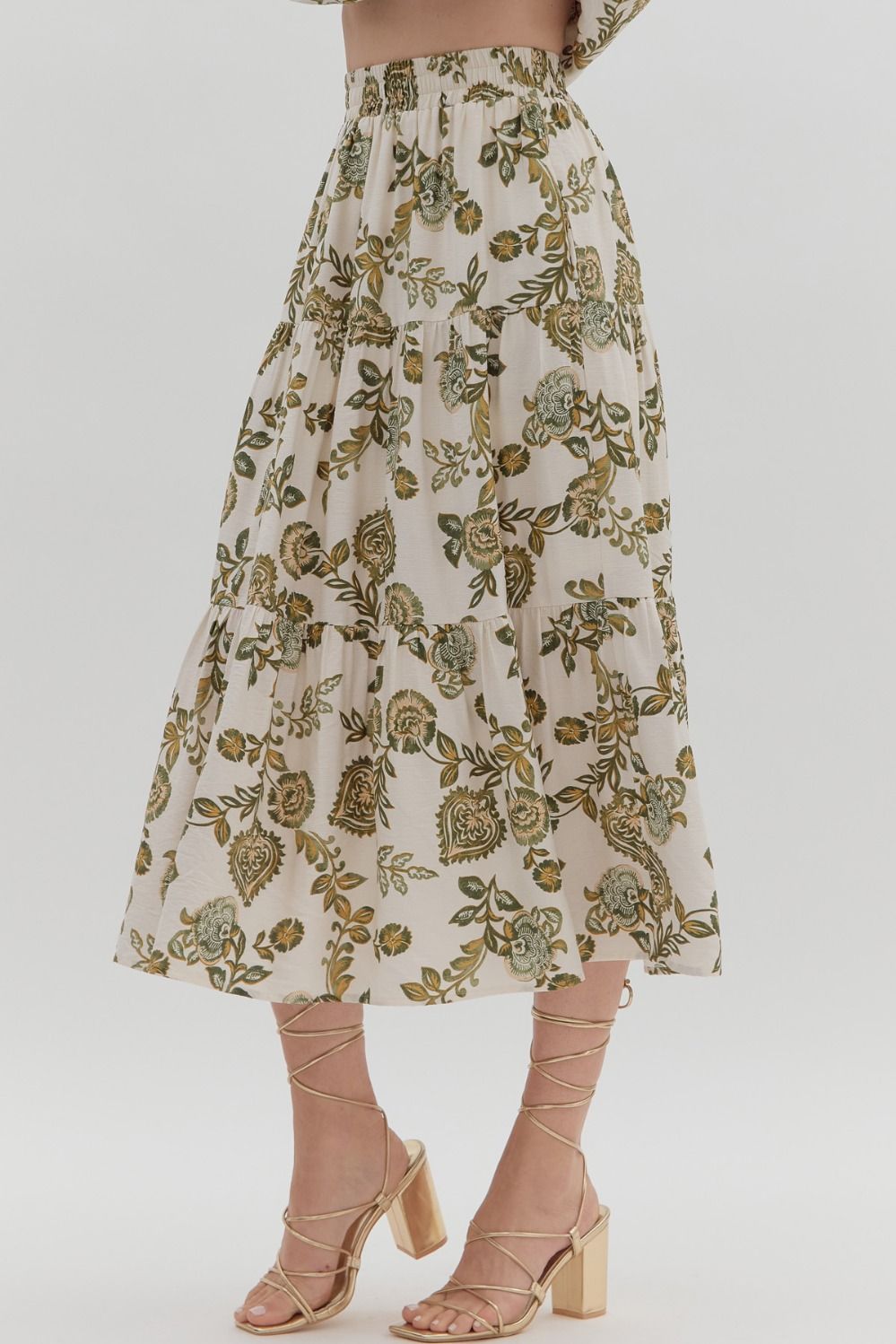 Entro Floral Print Tiered Pull-On Midi Skirt - Green