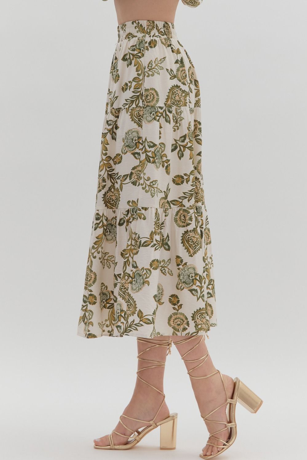 Entro Floral Print Tiered Pull-On Midi Skirt - Green