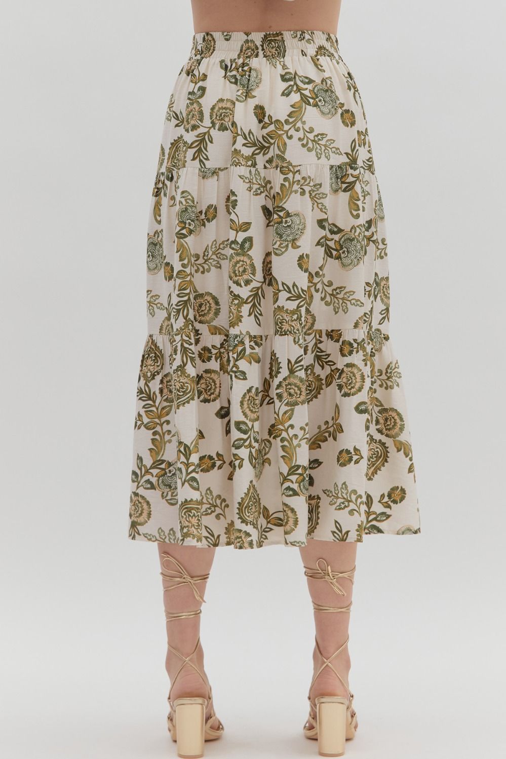 Entro Floral Print Tiered Pull-On Midi Skirt - Green