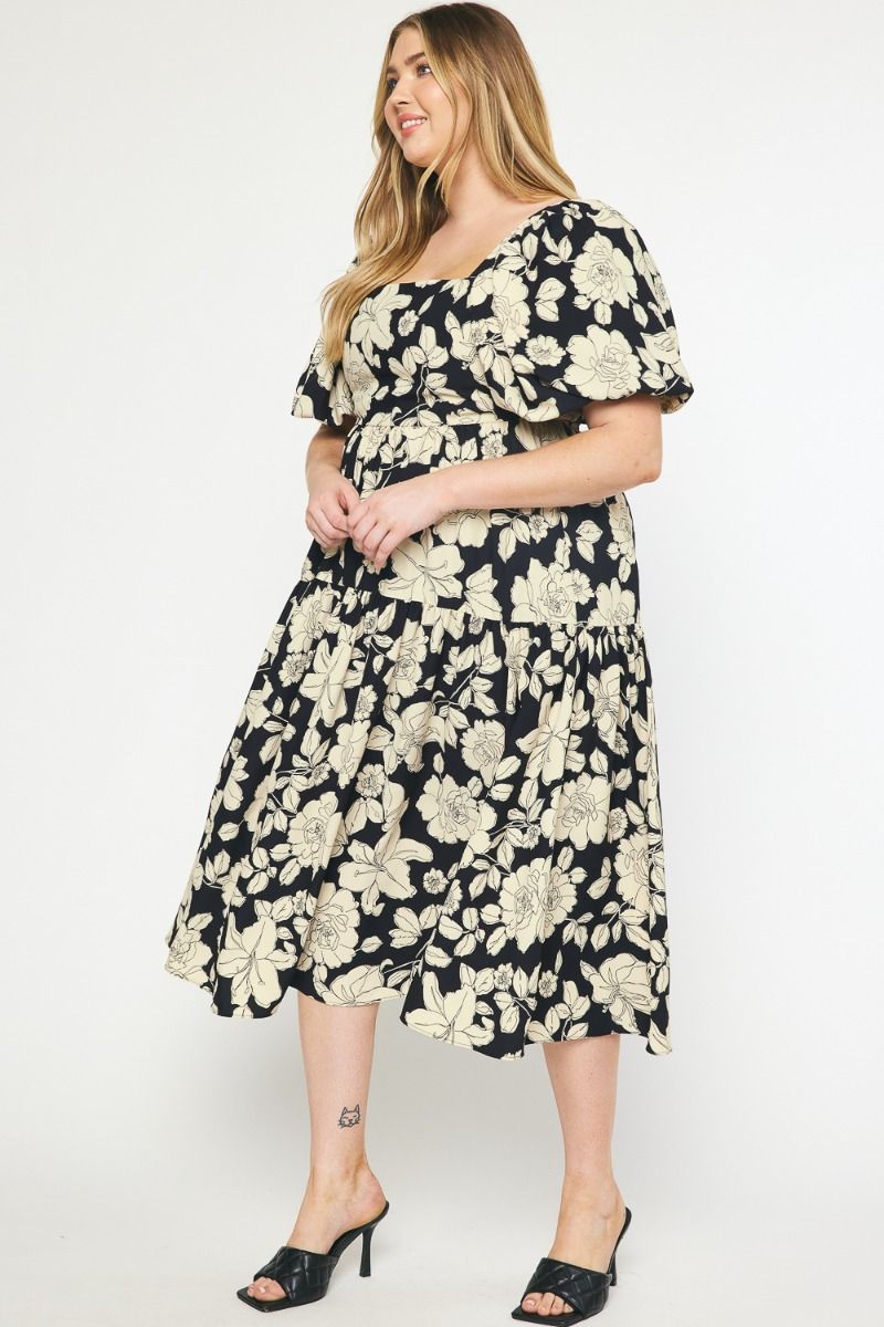 PLUS Black and Cream Floral Midi Dress with Puff Sleeve Entro
