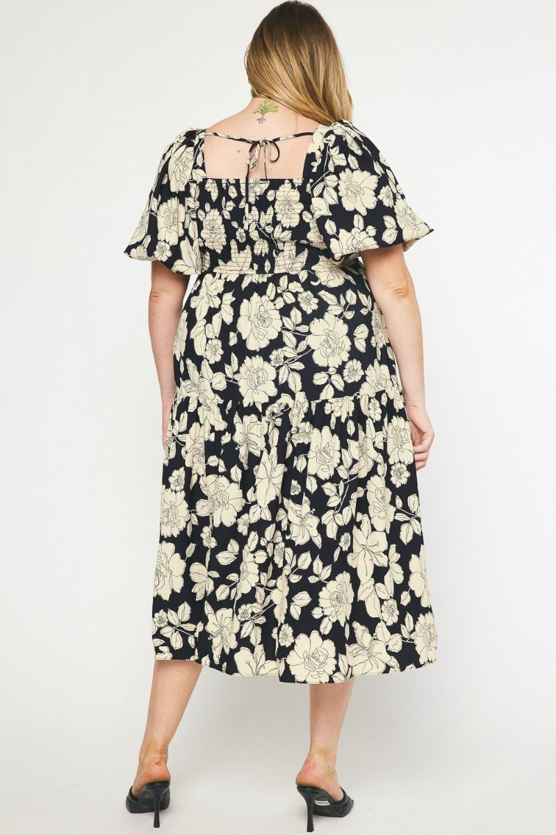 PLUS Black and Cream Floral Midi Dress with Puff Sleeve Entro