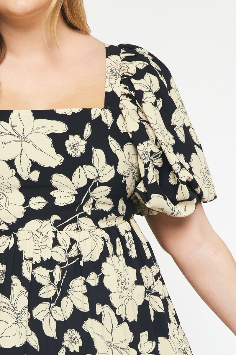 PLUS Black and Cream Floral Midi Dress with Puff Sleeve Entro