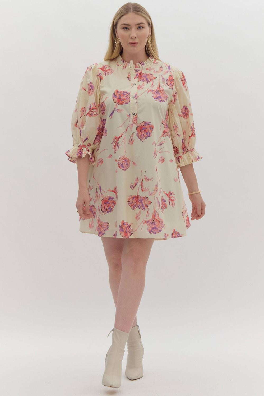 PLUS Entro Cream/Pink Mix Floral Mini Dress with Puff Sleeves