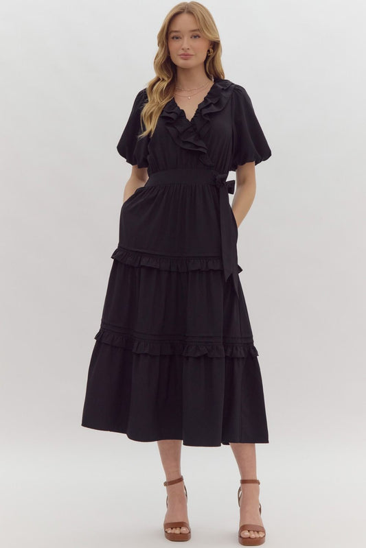 Ruffle Tiered Bow Tie Midi Dress