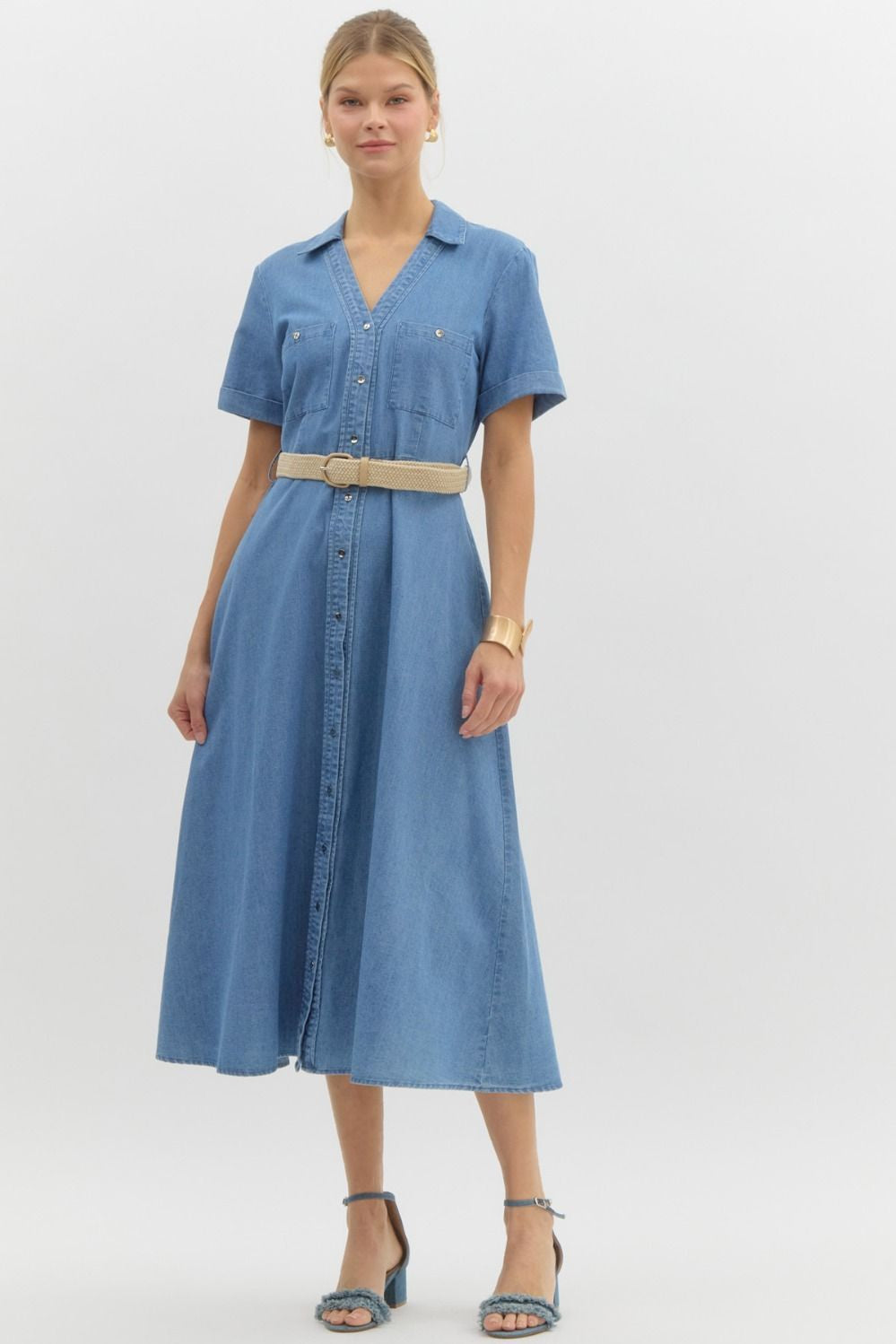 Entro Denim Midi Dress with Belt