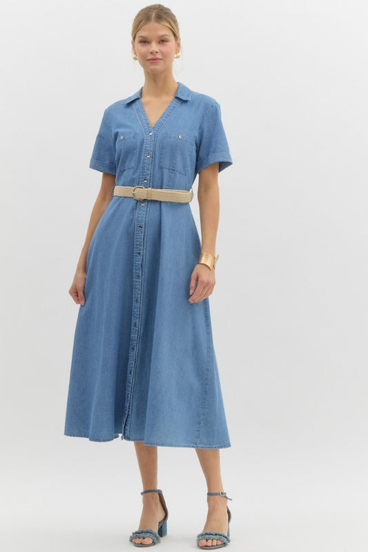 Entro Denim Midi Dress with Belt