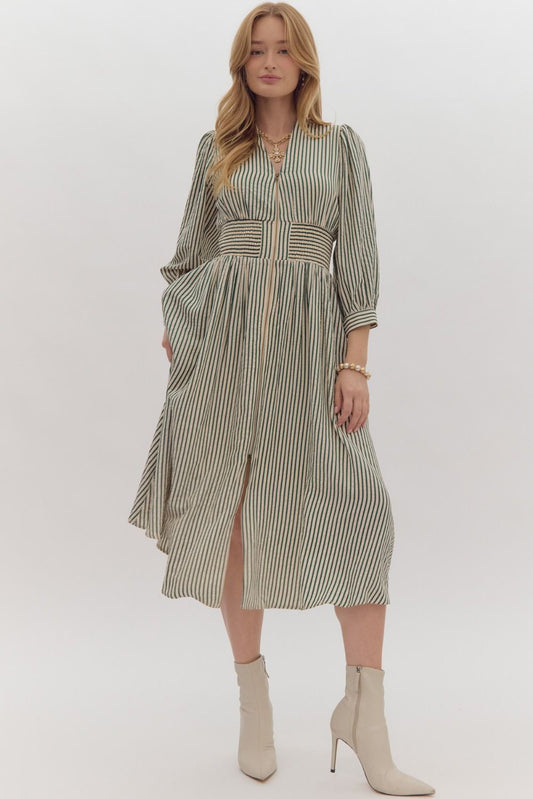 Green Stripe Zipper Midi Dress