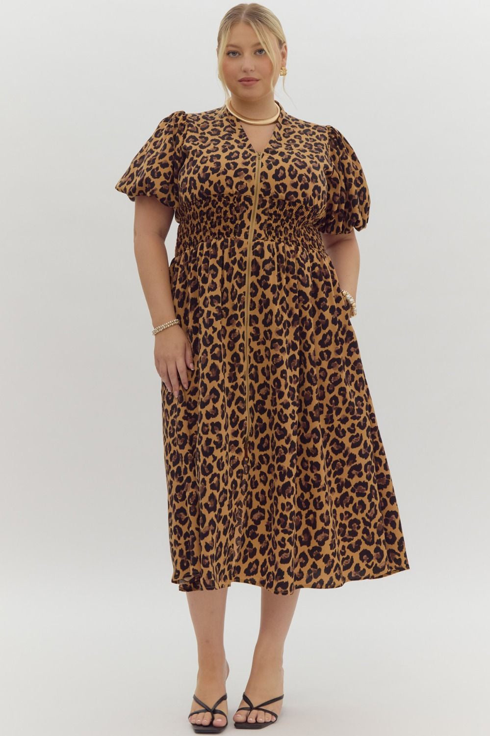 PLUS Leopard Print Zipper Midi Dress