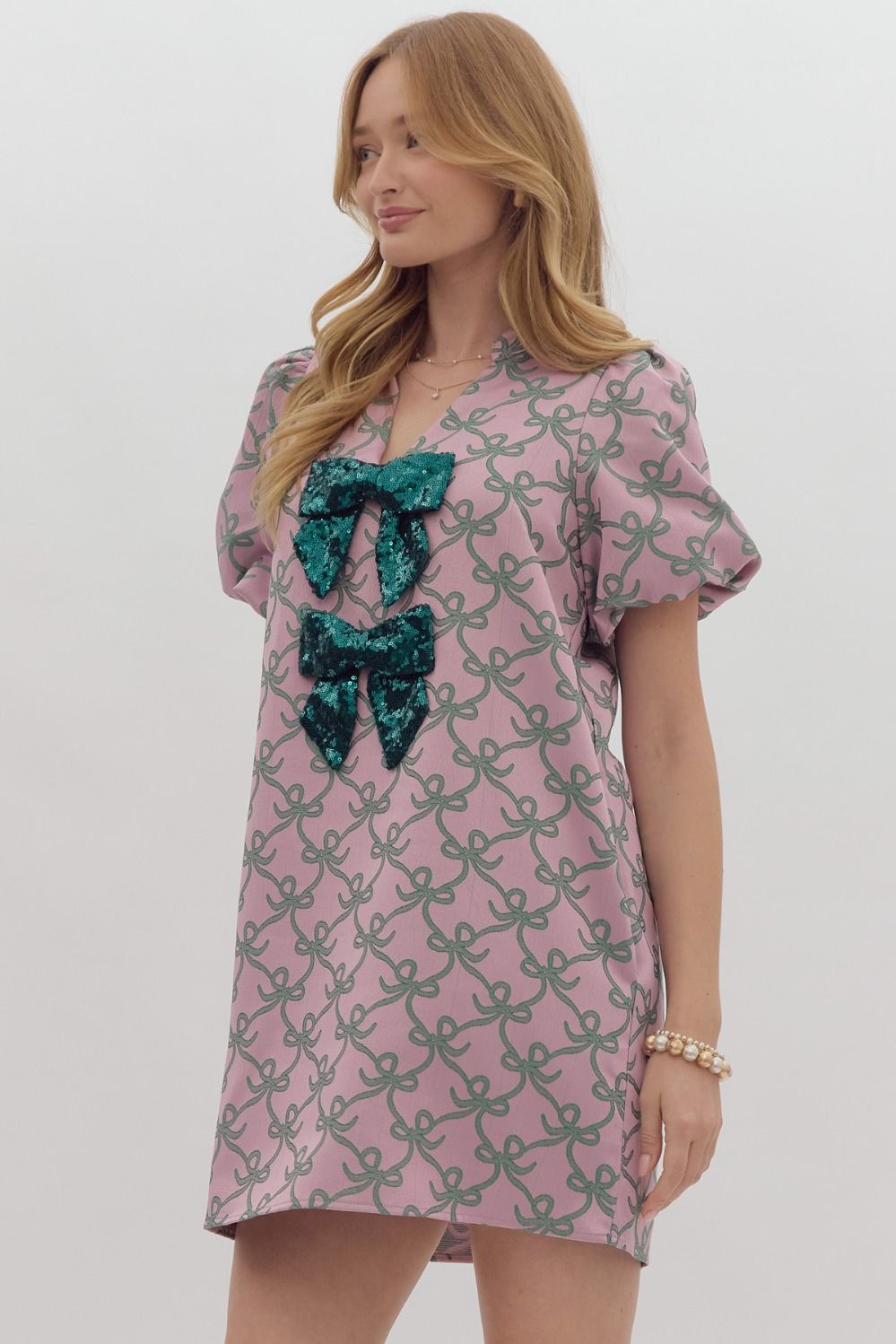 Jaquard Puff Sleeve Shift Dress with Sequin Bow