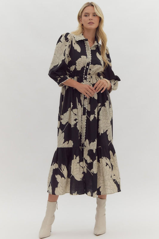 Black Floral Printed Midi Dress with Buttons