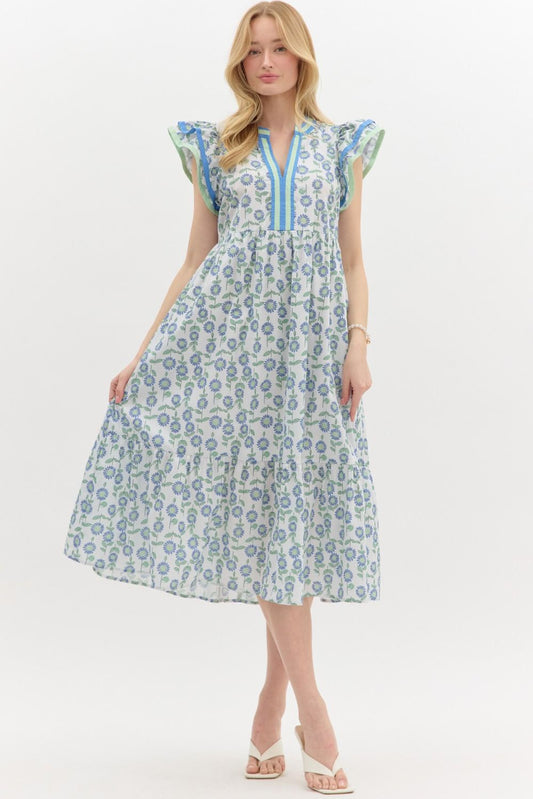 Azure Blossom V-Neck Dress