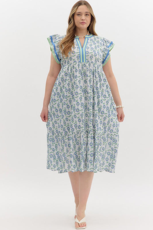 PLUS Azure Blossom V-Neck Dress