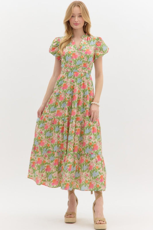 Floral Print Bubble Sleeve Tiered Dress