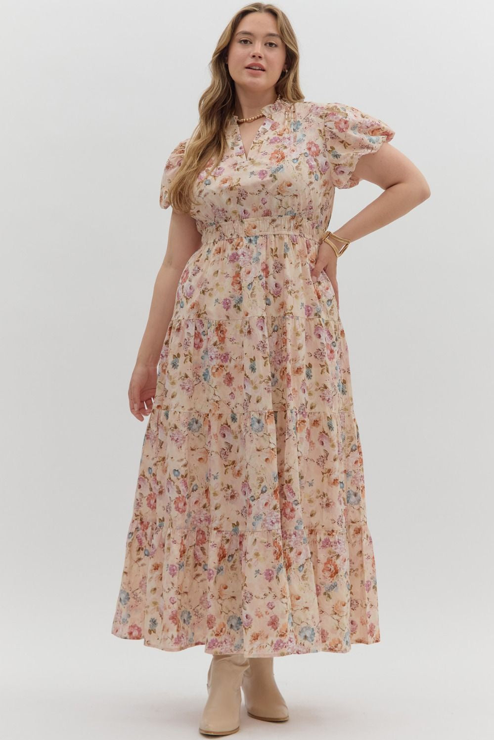 PLUS Entro Floral Print Puff Sleeve Tiered Midi Dress