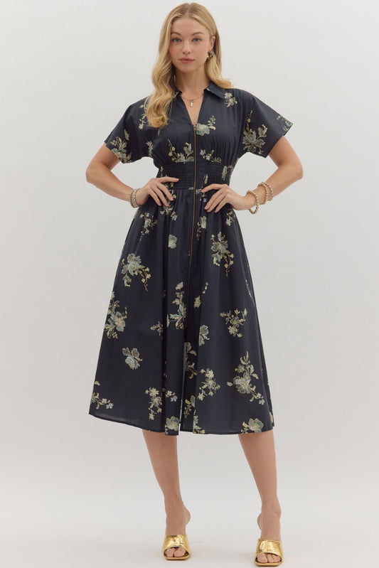 Entro Black Paisley Print Short Sleeve Midi Dress